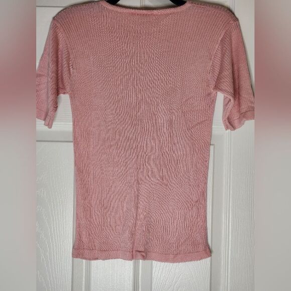 Anna Gray L Pink Ribbed Knit Shortsleeves 100% SILK Women’s Top Blouse - Picture 6 of 7
